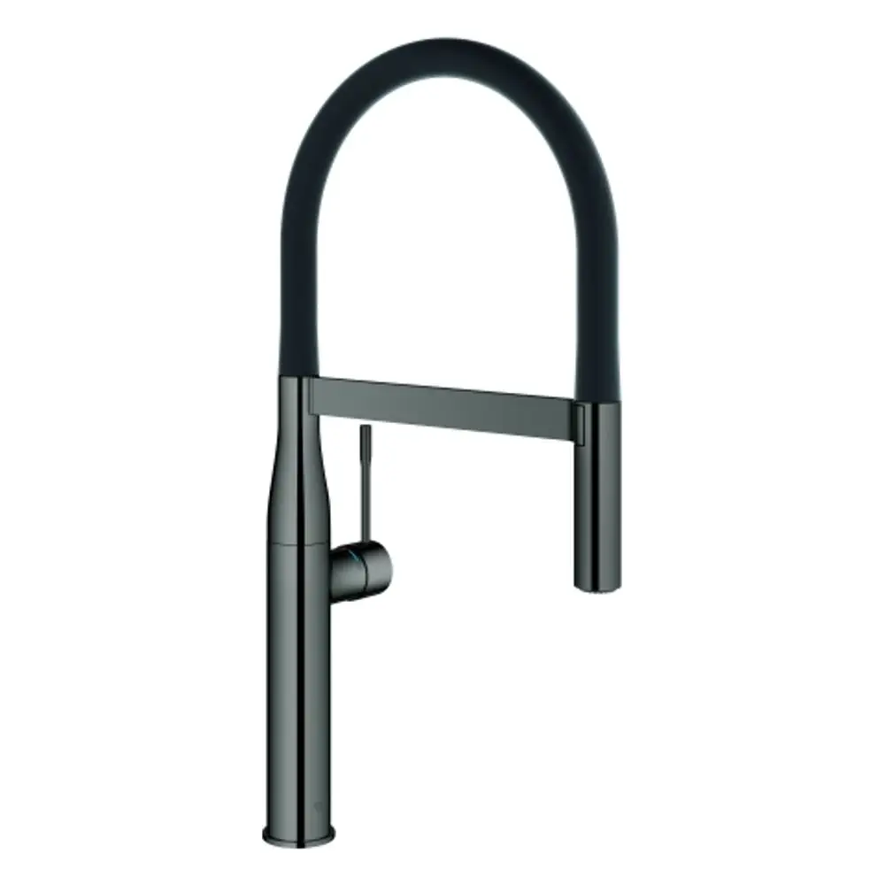 GROHE Küchenarmatur in hard graphite mit ausziehbarer Brause. Die Armatur verfügt über einen hohen Auslauf und einen seitlichen Hebel zur Regulierung des Wasserflusses.