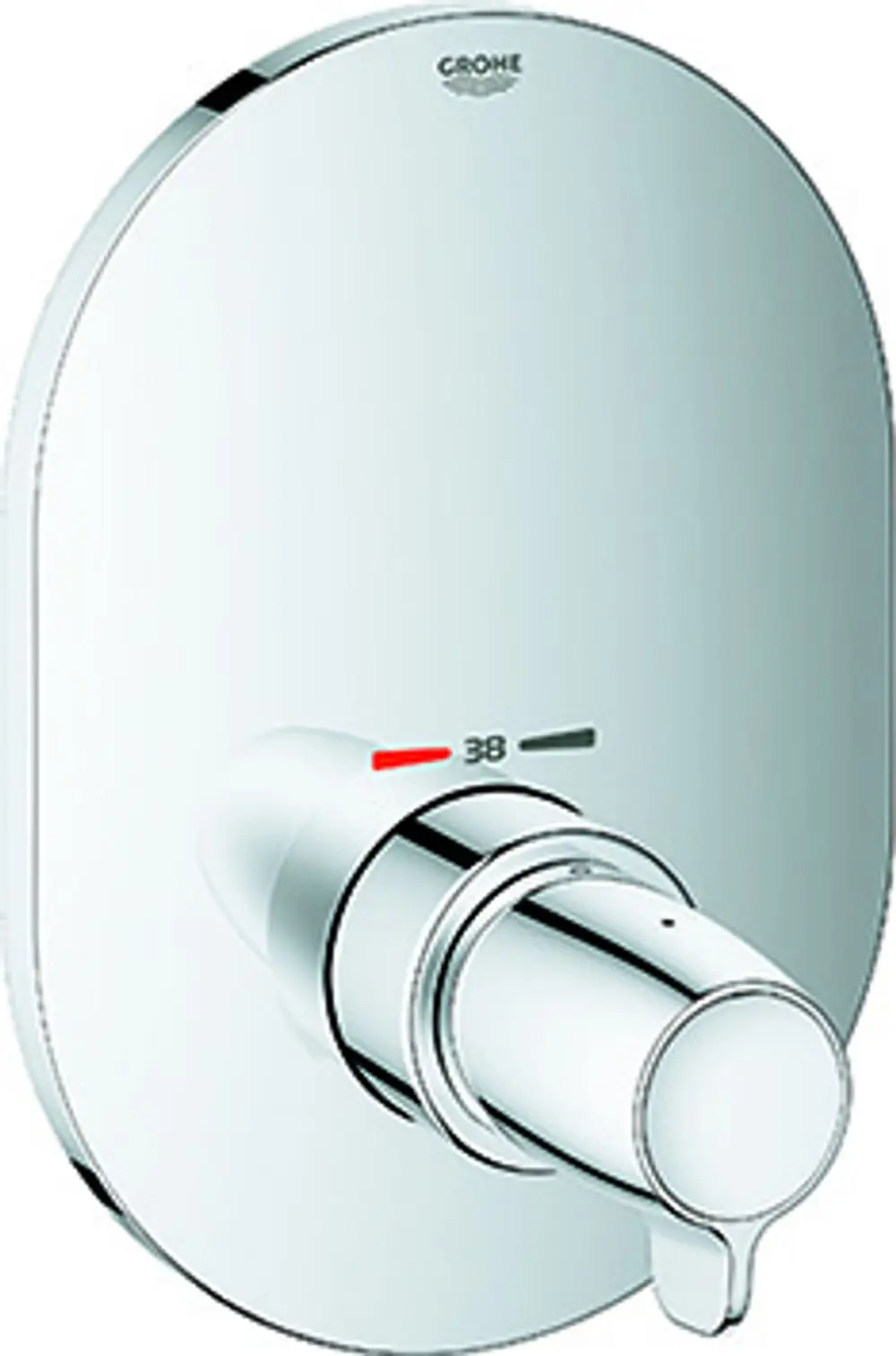 Grohe Thermostat-Batterie mit Temperaturregler und chromfarbener Oberfläche, angeordnet auf ovalem Grundkörper. Temperaturmarkierungen sind sichtbar.