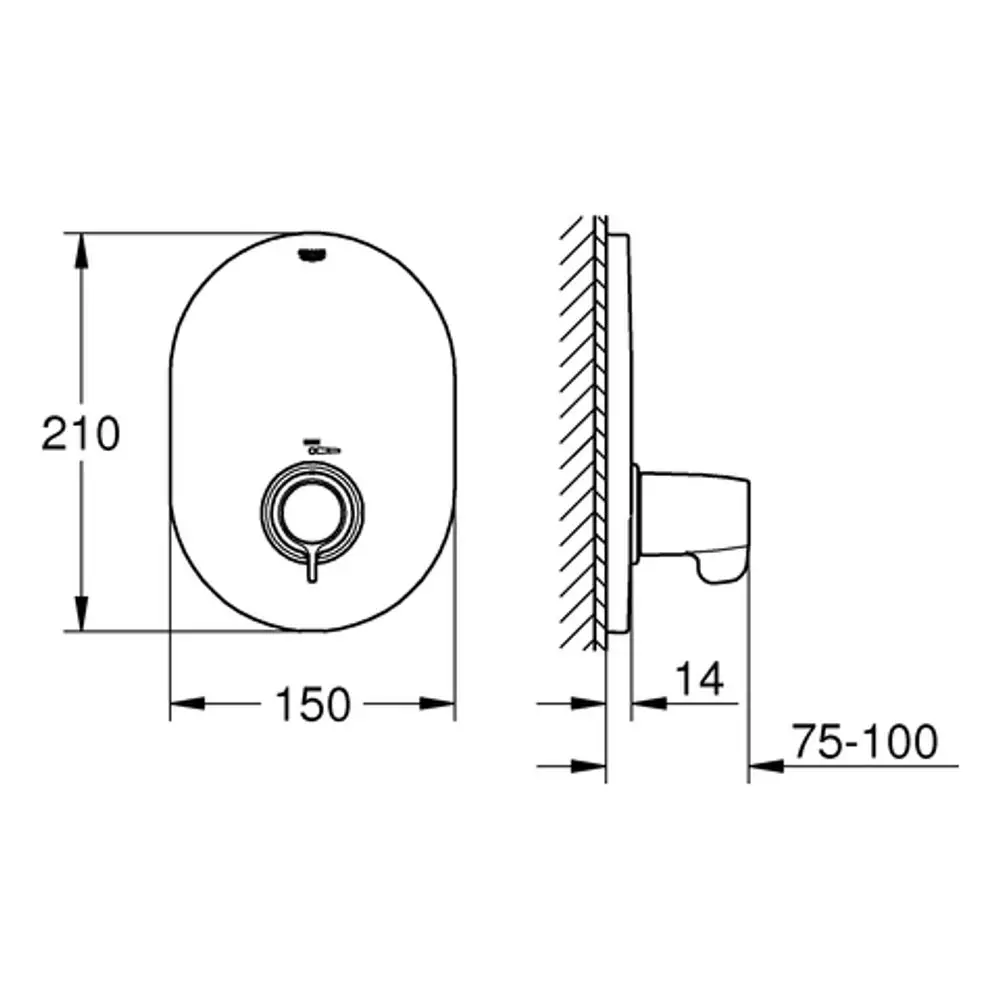 Technische Zeichnung eines Grohe-Produktes, dargestellt aus Vorder- und Seitenansicht. Maße und Anschlussdetails sind eingezeichnet.