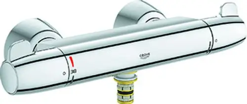 Chromfarbene Wandarmatur von Grohe mit Temperaturregelung und verdeckten Anschlüssen. Eignung für die Installation in Duschen oder Wannen.