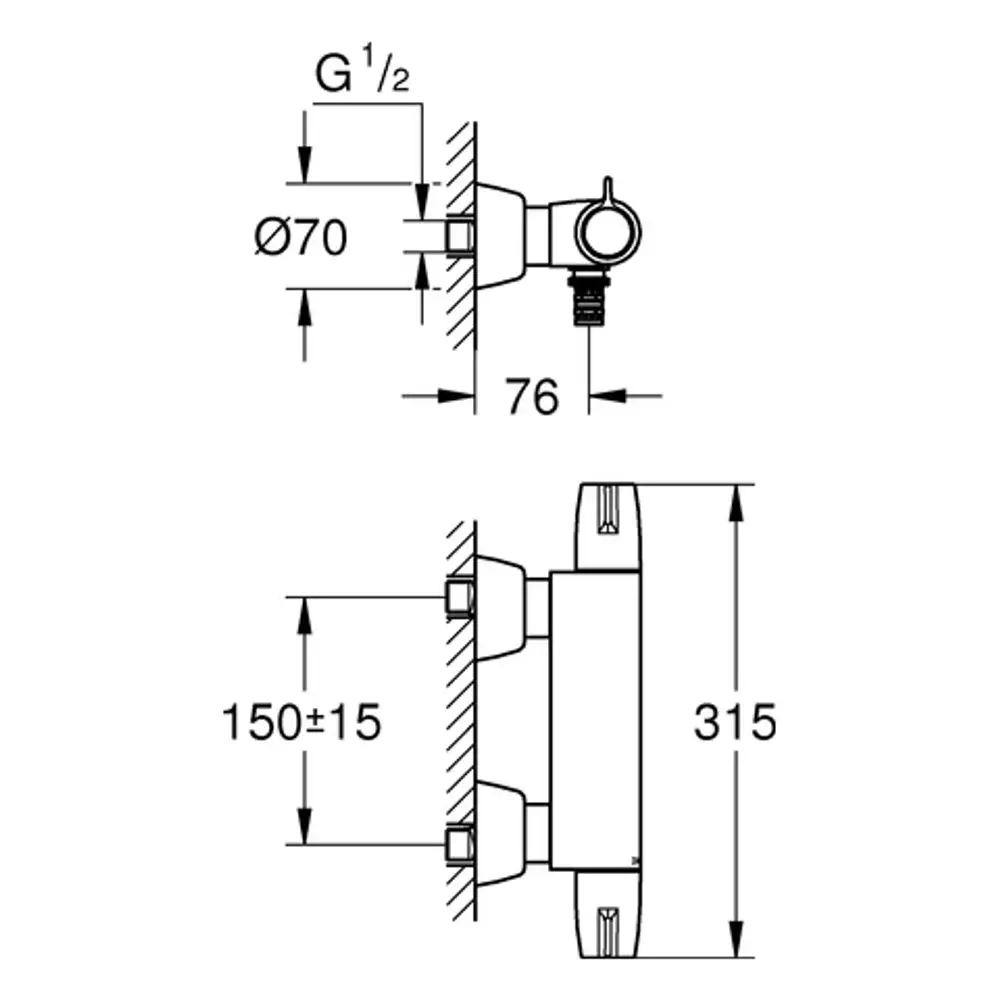 Technische Zeichnung einer Grohe-Batterie mit Maßen und Anschlussmöglichkeiten, dargestellt in seitlicher und frontalem Blick.