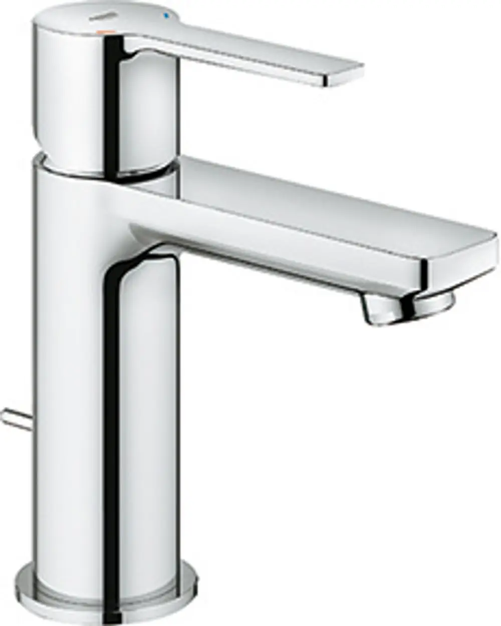 Grohe-Waschtischbatterie in glänzendem Chrom, mit einem langen Hebel und flacher Auslaufkante, für den modernen Badezimmergebrauch konzipiert.