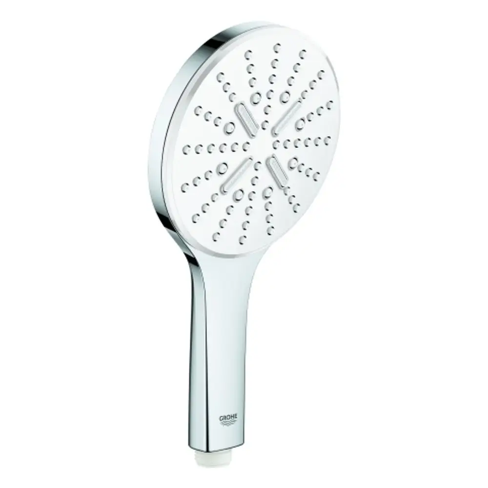 Handbrause mit runder, glatter Kopfoberfläche und ergonomischem Griff, hergestellt von Grohe. Die Düsen sind gleichmäßig angeordnet und sorgen für einen gleichmäßigen Wasserfluss.