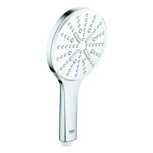 Handbrause mit runder, glatter Kopfoberfläche und ergonomischem Griff, hergestellt von Grohe. Die Düsen sind gleichmäßig angeordnet und sorgen für einen gleichmäßigen Wasserfluss.