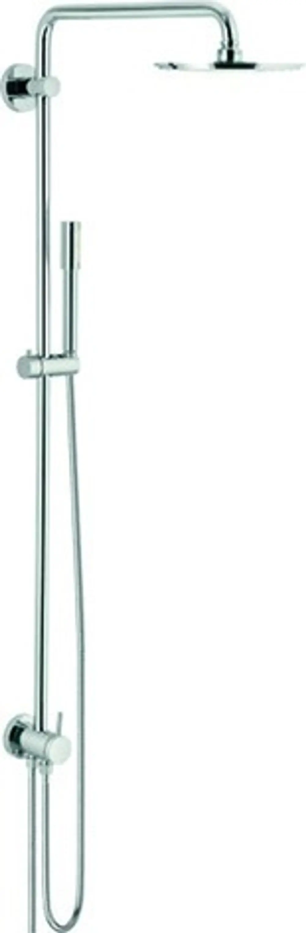 Duschanlage von Grohe mit einer Regendusche und einem Handbrausekopf, chromfarben, installiert an einer Wand. Enthält einen Umsteller für die Wasserzufuhr.