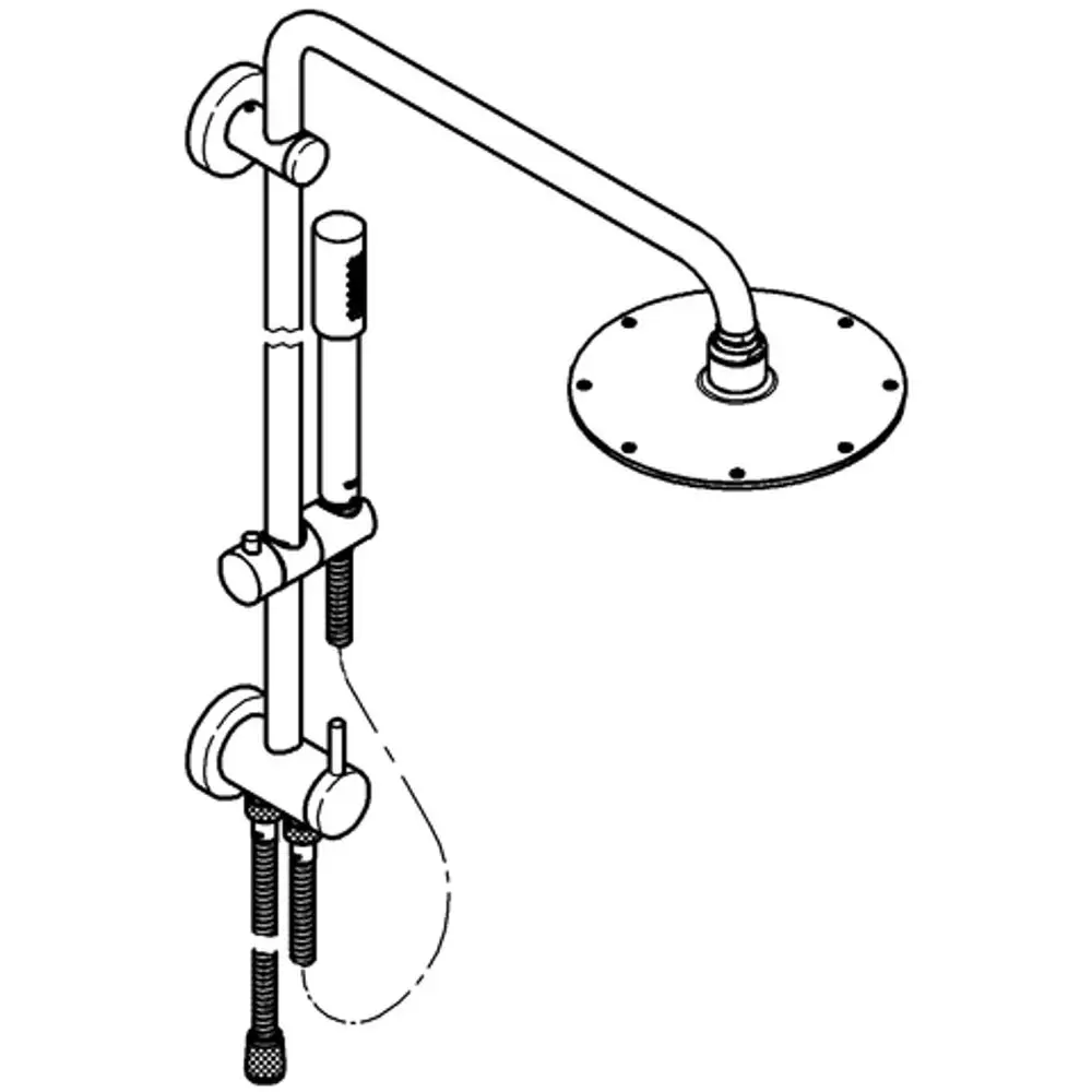 Duschsystem von Grohe mit einem festen Oberbrausearm und einer Handbrause. Das System zeigt eine Kombination aus funktionalen Elementen in einem schlichten Design.