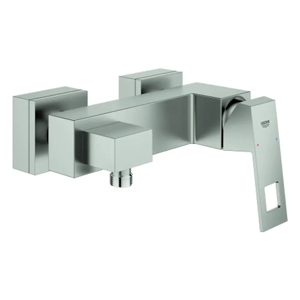 Wandmontierte Brausebatterie in Edelstahloptik von Grohe mit einem Hebel zur Temperatur- und Durchflussregulierung. Rechteckige, klare Form.