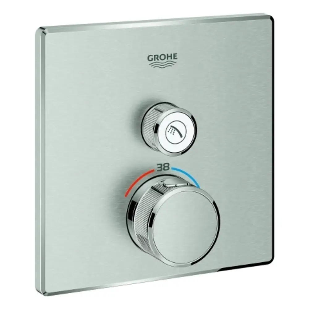 Thermostat von Grohe mit einem kreisförmigen Regler zur Temperaturregelung und einem weiteren Regler für den Wasserfluss, montiert auf einer rechteckigen Platte in Edelstahloptik.