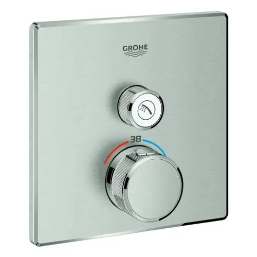 Thermostat von Grohe mit einem kreisförmigen Regler zur Temperaturregelung und einem weiteren Regler für den Wasserfluss, montiert auf einer rechteckigen Platte in Edelstahloptik.