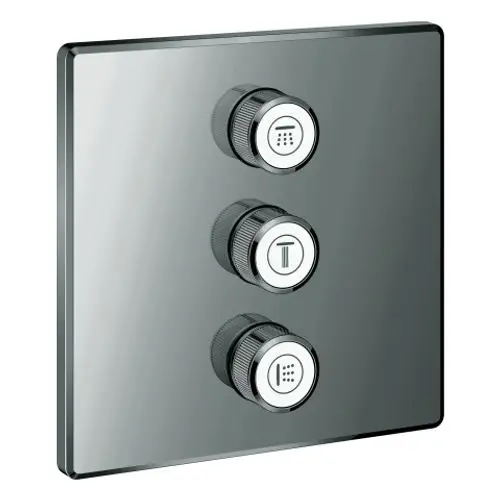 GROHE Bedienfeld mit drei Drehknöpfen auf einer rechteckigen, glatten Oberfläche. Die Knöpfe sind mit Symbolen für verschiedene Funktionen versehen.