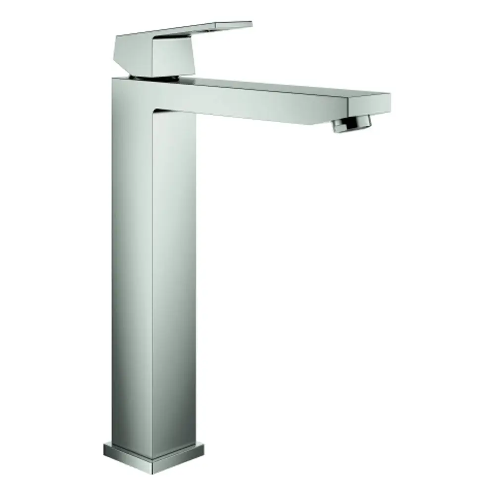 Grohe Armatur für freistehende Waschbecken mit quadratischer Basis und langem, flachem Auslauf, in Edelstahl-Optik, moderne Gestaltung.