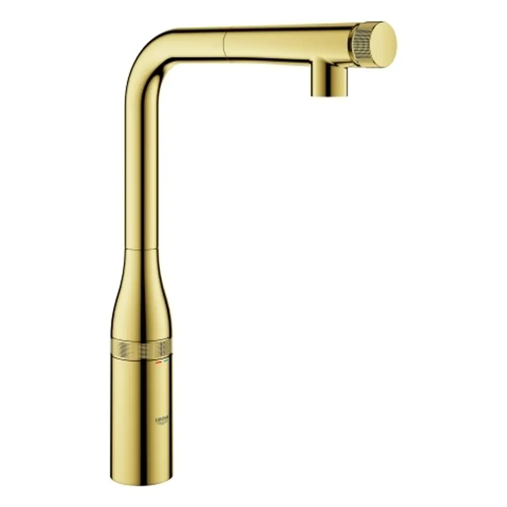 Grohe Armatur in glänzendem Goldfinish mit einem hohen, geschwungenen Auslauf und einem separaten Bedienknopf für präzise Steuerung.