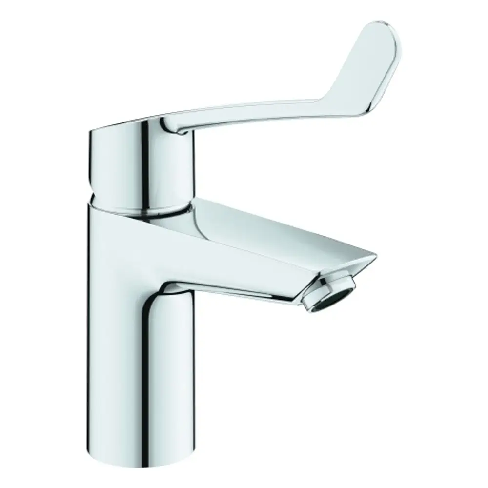 Wasserhahn von Grohe mit langem Hebel und abgerundetem Auslauf. Chromoberfläche, geeignet für praktische Anwendungen im Badezimmer oder in der Küche.