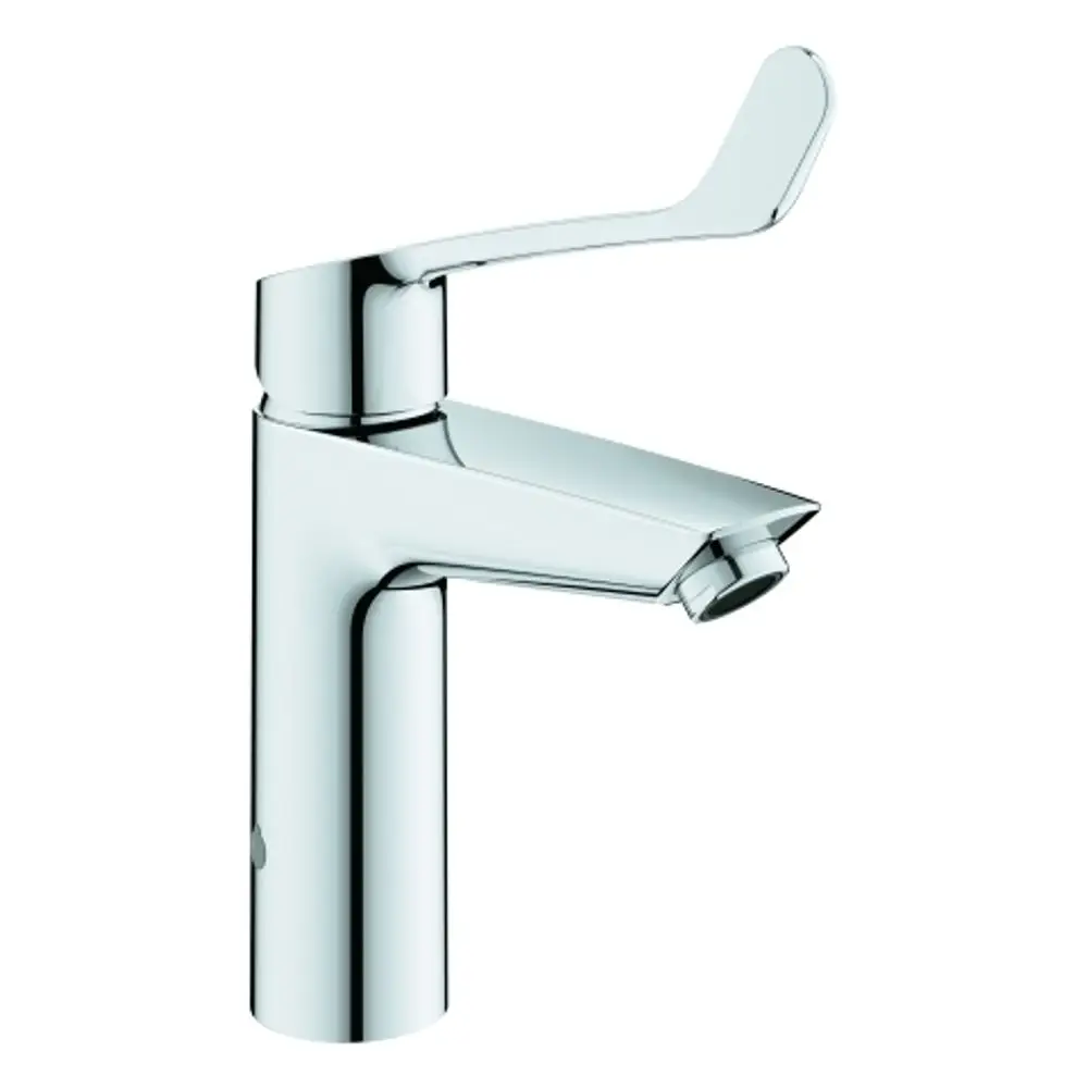 Chromfarbener Wasserhahn mit langer Hebelsteuerung. Das Produkt von Grohe zeigt eine moderne und funktionale Gestaltung für Badezimmer oder Küchenanwendungen.