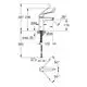 Grohe-Waschtischbatterie mit langem Hebel, verchromt, mit Abmessungen und Winkeldiagrammen für die Montage und Nutzung.