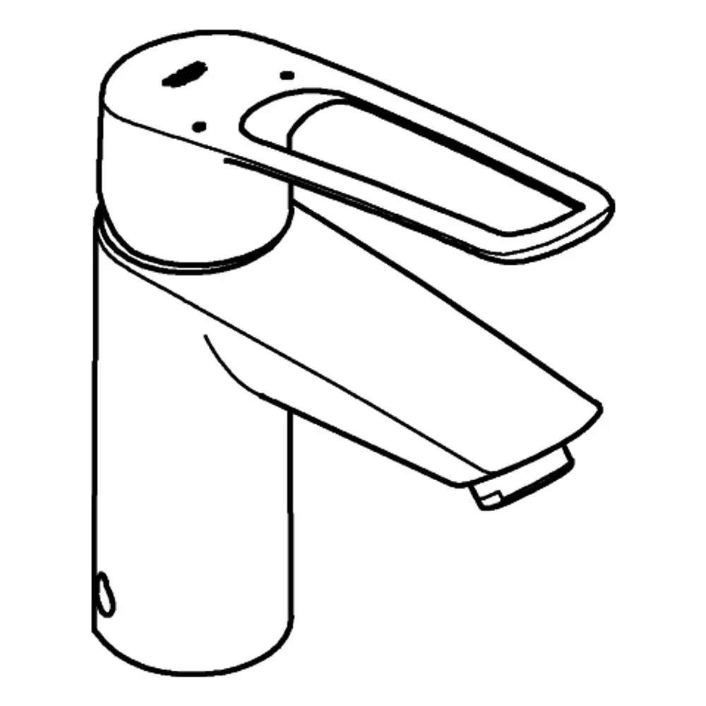Grohe-Armatur mit einem offenen Hebel zur Regelung des Wasserflusses. Die Oberfläche hat eine chromfarbene Beschichtung.
