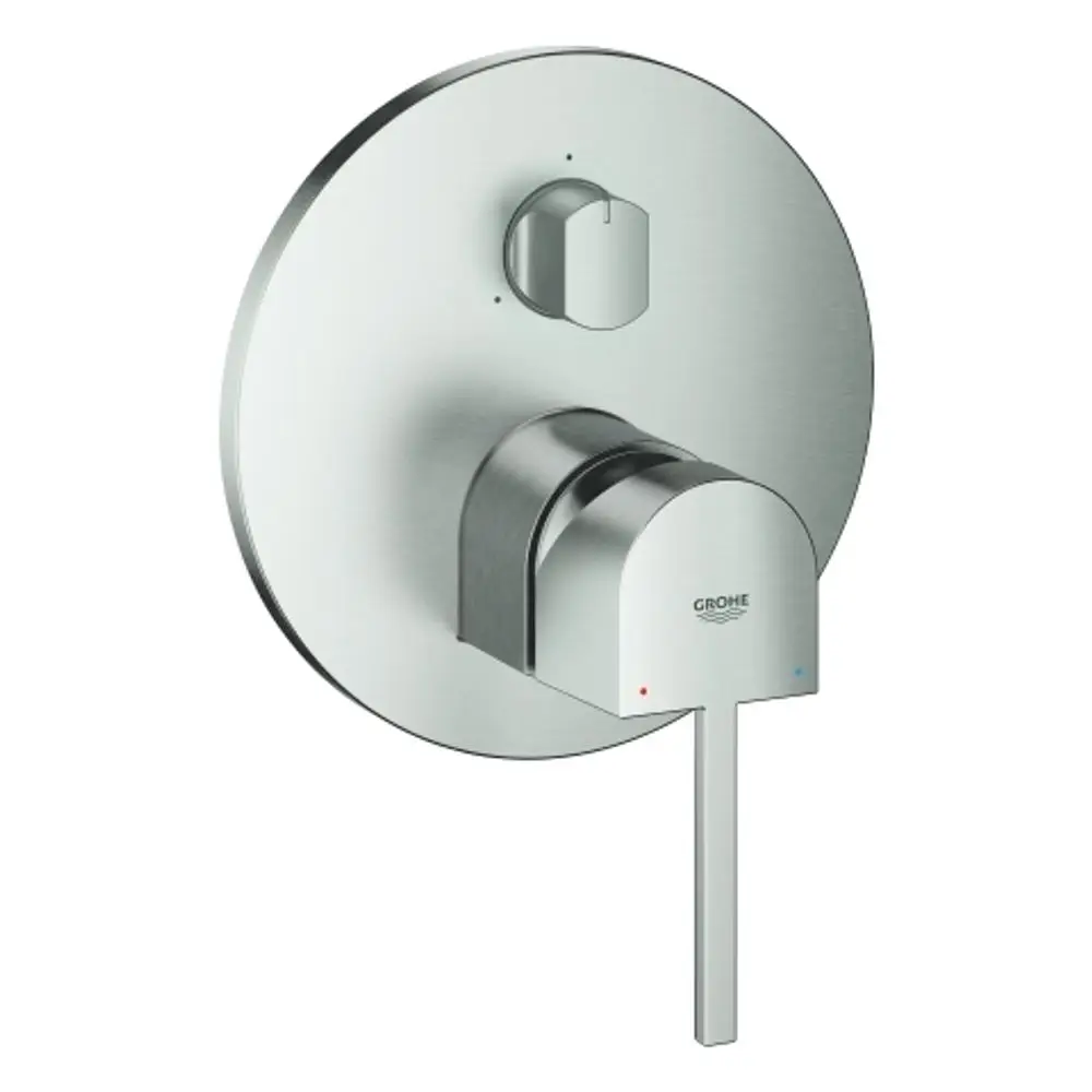 Einhandbatterie mit runder Wandplatte, Hebel zur Wassersteuerung und zwei farblich markierten Anpassungen für Temperatur, gefertigt von Grohe.
