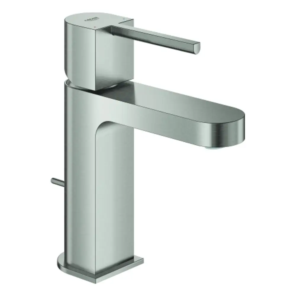 Helle, verchromte Waschtischarmatur von Grohe mit einem schmalen Hebel und rechteckiger Auslaufform, montiert auf einer stabilen Grundlage.