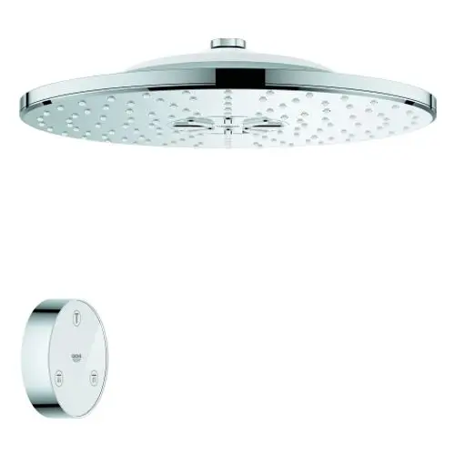 Grohe Kopfbrause mit flacher Chrom-Oberfläche und seitlich angebrachter Steuerung. Die Fernbedienung ist rund und hat Steuerungstasten.