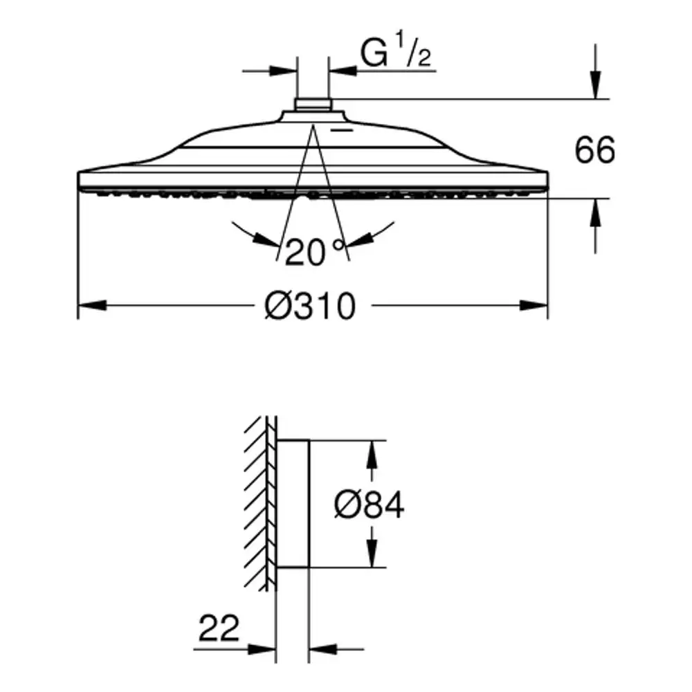 Grohe Kopfbrause mit runder, flacher Form und zentraler Befestigung. Maße und Winkel sind in einer technischen Zeichnung dargestellt.
