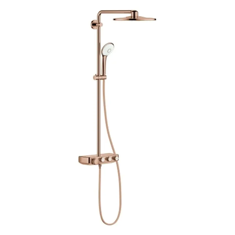 Duschsystem von Grohe mit overhead Dusche und Handbrause in Roségold. Enthält Wandhalterung und Steuerungseinheit. Simplistisches Design für moderne Badezimmer.