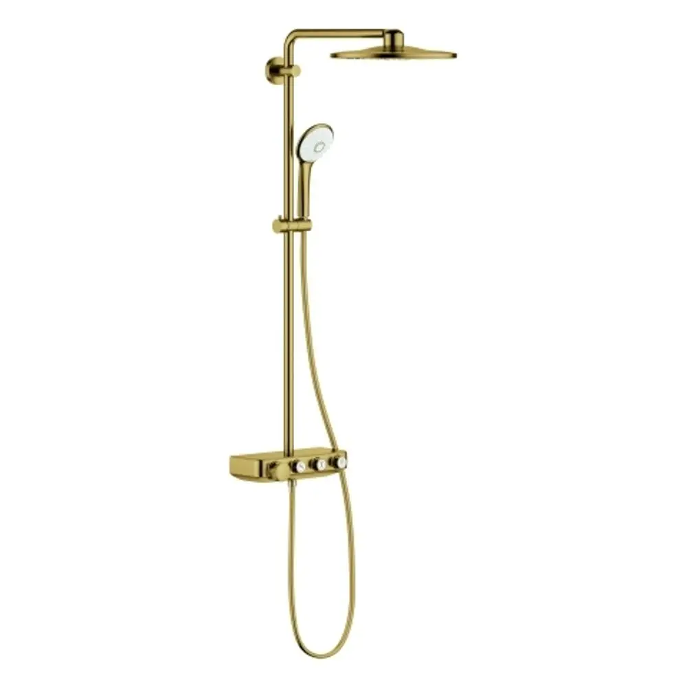 Duschsystem von Grohe mit Regenbrause und Handbrause. Montagehalterung für die Handbrause. Steuerungselemente zur Anpassung von Wasserfluss und Temperatur. Goldene Oberfläche.