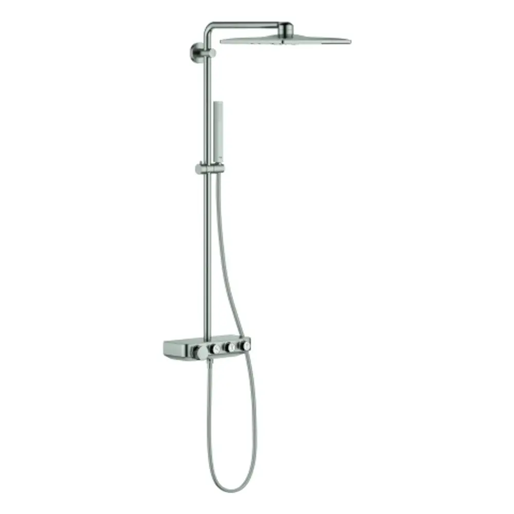 Duschsystem von Grohe mit einer großen, runden Regendusche und Handbrause, montiert an einer vertikalen Stange mit einem Bedienfeld für Temperatur- und Wasserregulierung.