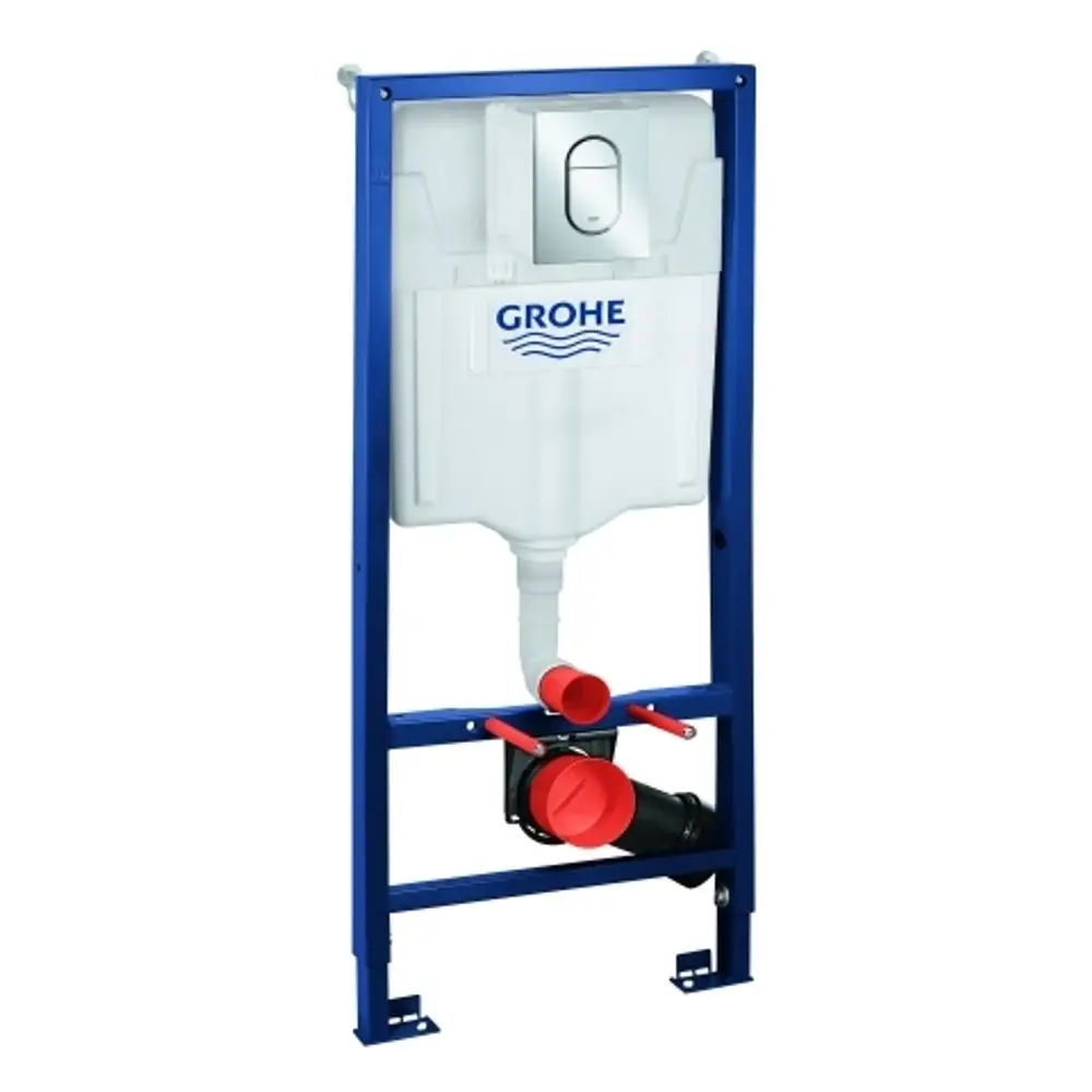 Wandmontiertes Grohe WC-Betätigungsset mit einem weißen Spülkasten und roter Ventilbefestigung. Geeignet für die Installation eines WCs.