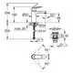 Grohe Armatur mit einem Hebel und einem Push-open Ablauf. Technische Zeichnung zeigt Dimensionen und Montageschritte.
