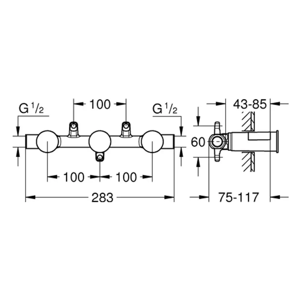 GROHE Unterputz-Einbaukörper mit drei Anschlüssen, schematische Darstellung mit verschiedenen Maßangaben und Montagehinweisen. Veranschaulicht die Installation für Wandbatterien.