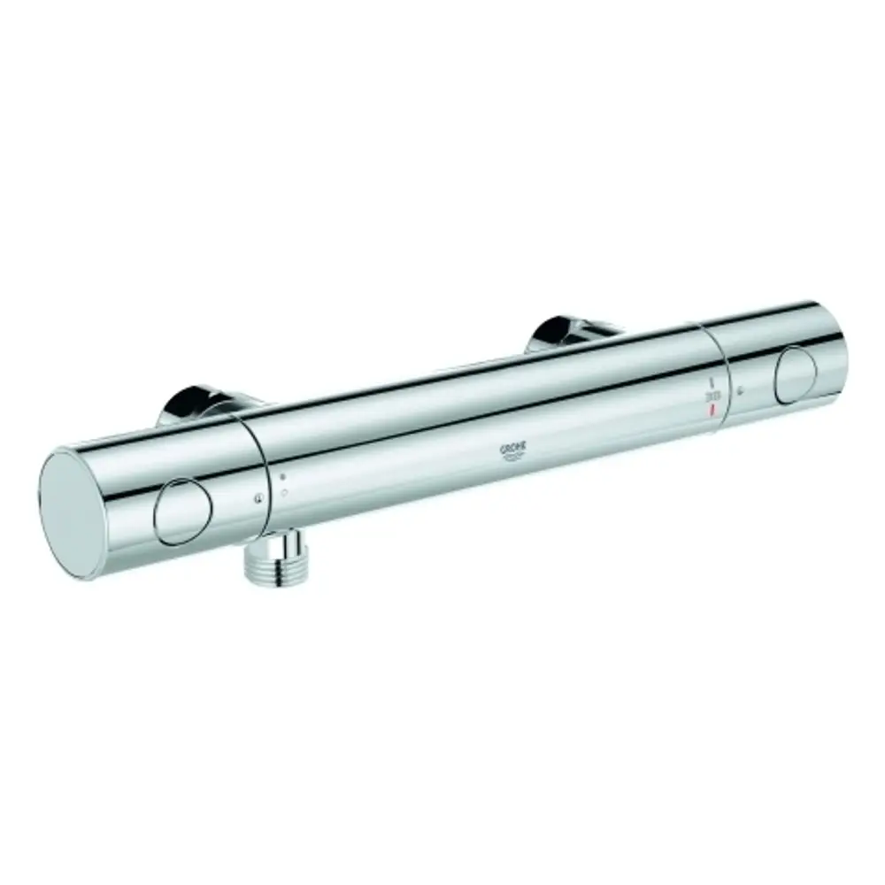 Grohe-Brausebatterie in verchromtem Finish, mit zwei Einstellreglern für Wasserfluss und Temperatur, montiert an einer Wand.