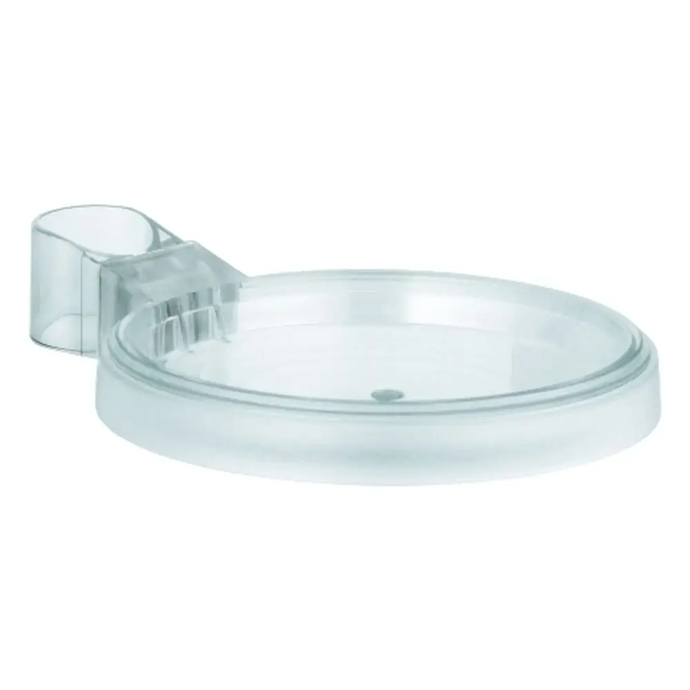 Transparente Seifenschale von Grohe mit halbrunder Form und einer Halterung auf der Seite. Ideal zur Befestigung an Wänden in Badezimmern.