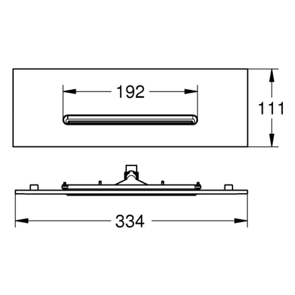 Grohe Abdeckung für Deckenbrause mit rechteckiger Form. Maße sind nicht angegeben. Oberfläche in Chrom mit zentralem Montagepunkt.