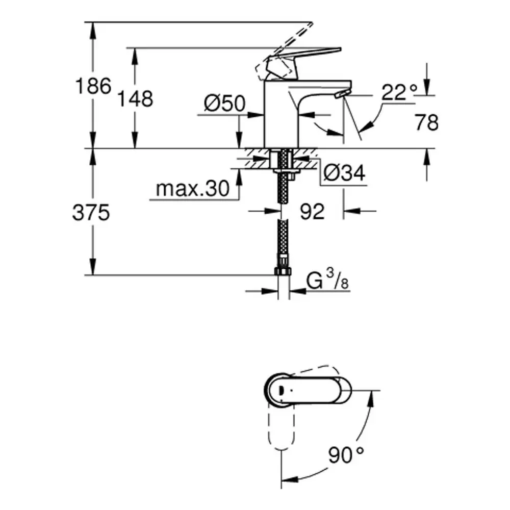 Grohe-Waschtischbatterie mit einer Höhe von 375 mm, einer Ausladung von 92 mm und einer Drehbewegung von 90° für eine flexible Handhabung.