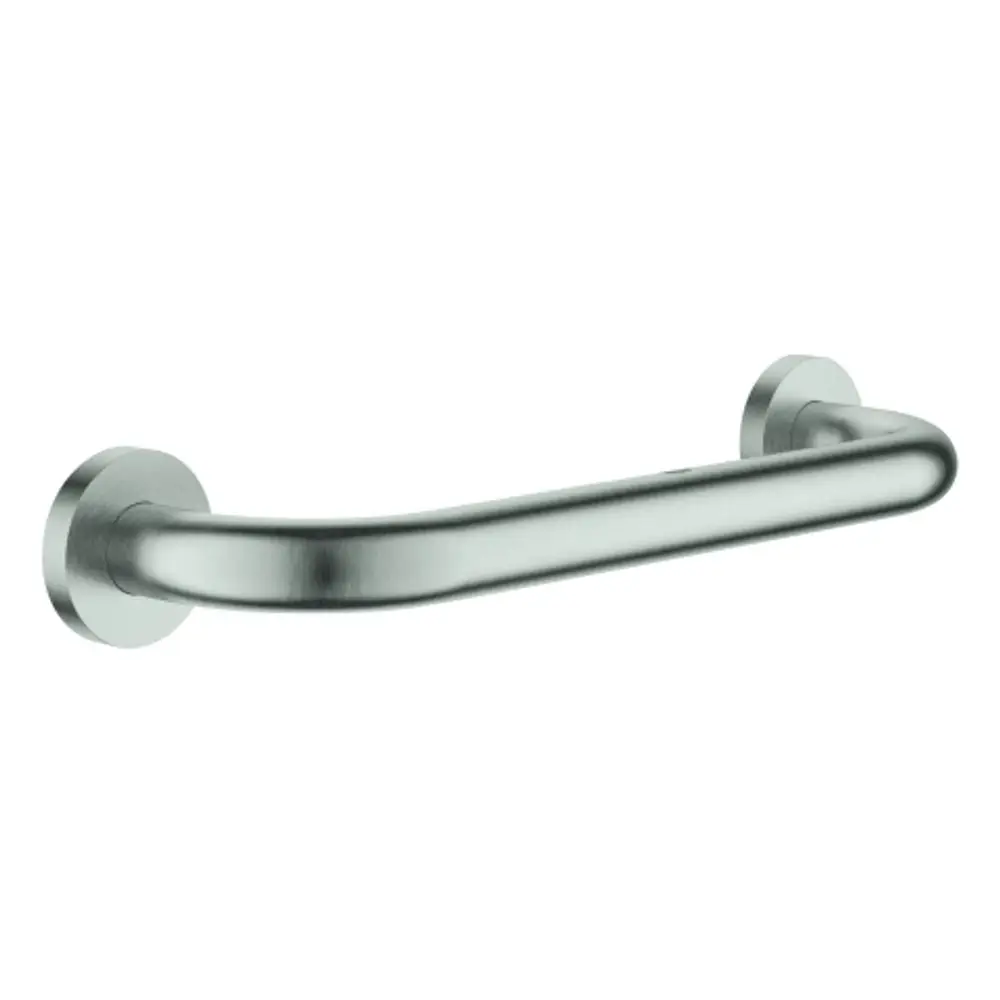 GROHE Griff aus Metall in supersteel-Optik, montiert an Wand, geeignet als Haltegriff für Badezimmeranwendungen.