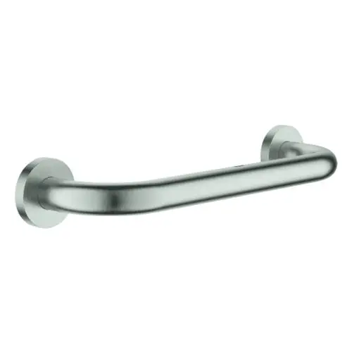 GROHE Griff aus Metall in supersteel-Optik, montiert an Wand, geeignet als Haltegriff für Badezimmeranwendungen.