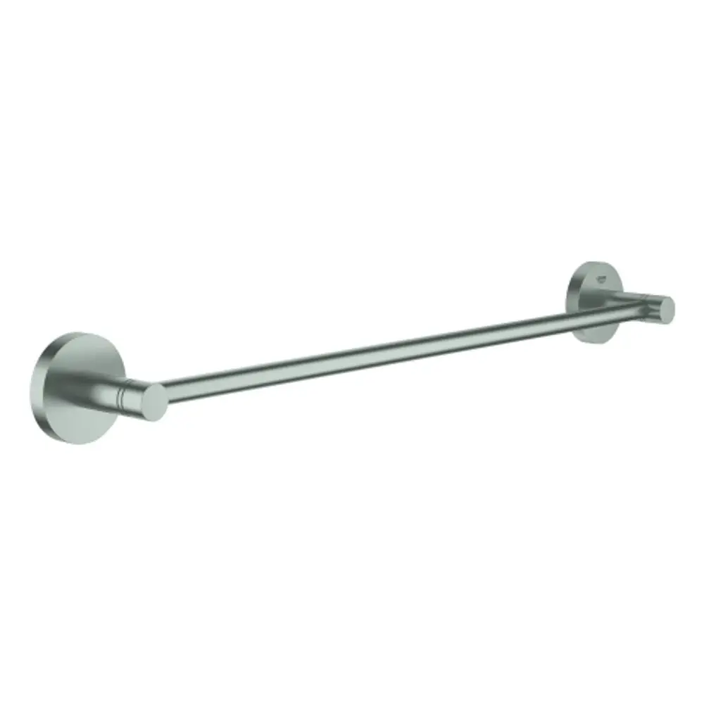 GROHE Badetuchhalter aus Metall in supersteel-Finish, montiert an einer Wand, mit einer klaren und schlichten Form.