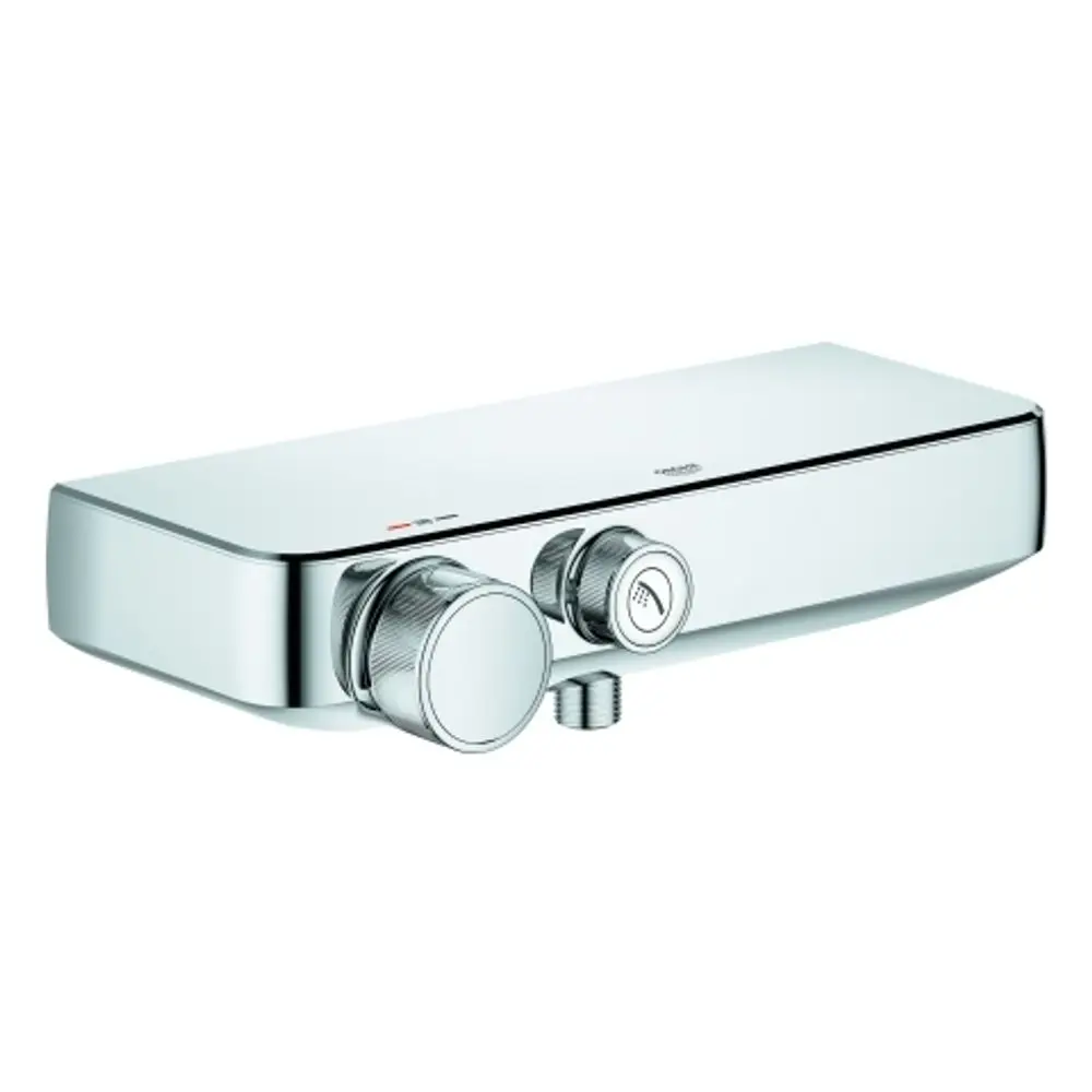 Grohe Brausebatterie mit zwei verstellbaren Reglern zur Temperatur- und Wassermengensteuerung, Wandmontage, in glänzendem Chrom-Finish.