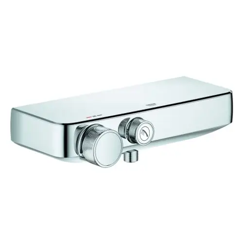 Grohe Brausebatterie mit zwei verstellbaren Reglern zur Temperatur- und Wassermengensteuerung, Wandmontage, in glänzendem Chrom-Finish.