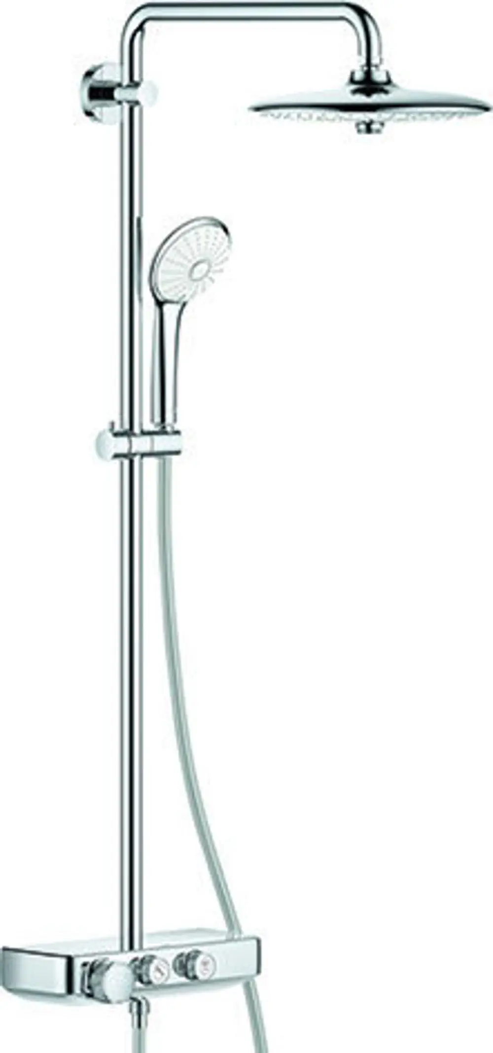 Duschsystem von Grohe mit einer fest montierten Kopfbrause und einer Handbrause. Das Design ist modern und aus verchromtem Material. Steuerung über zentrale Bedienelemente.