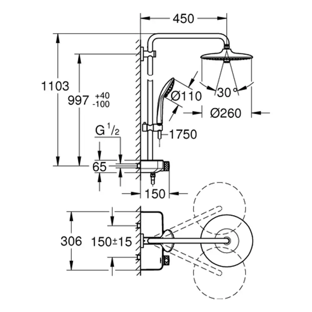 GROHE Duschsystem mit Brausekopf und Handbrause, montiert an einer Wand. Maßskizze mit verschiedenen Abmessungen und Installationshinweisen.