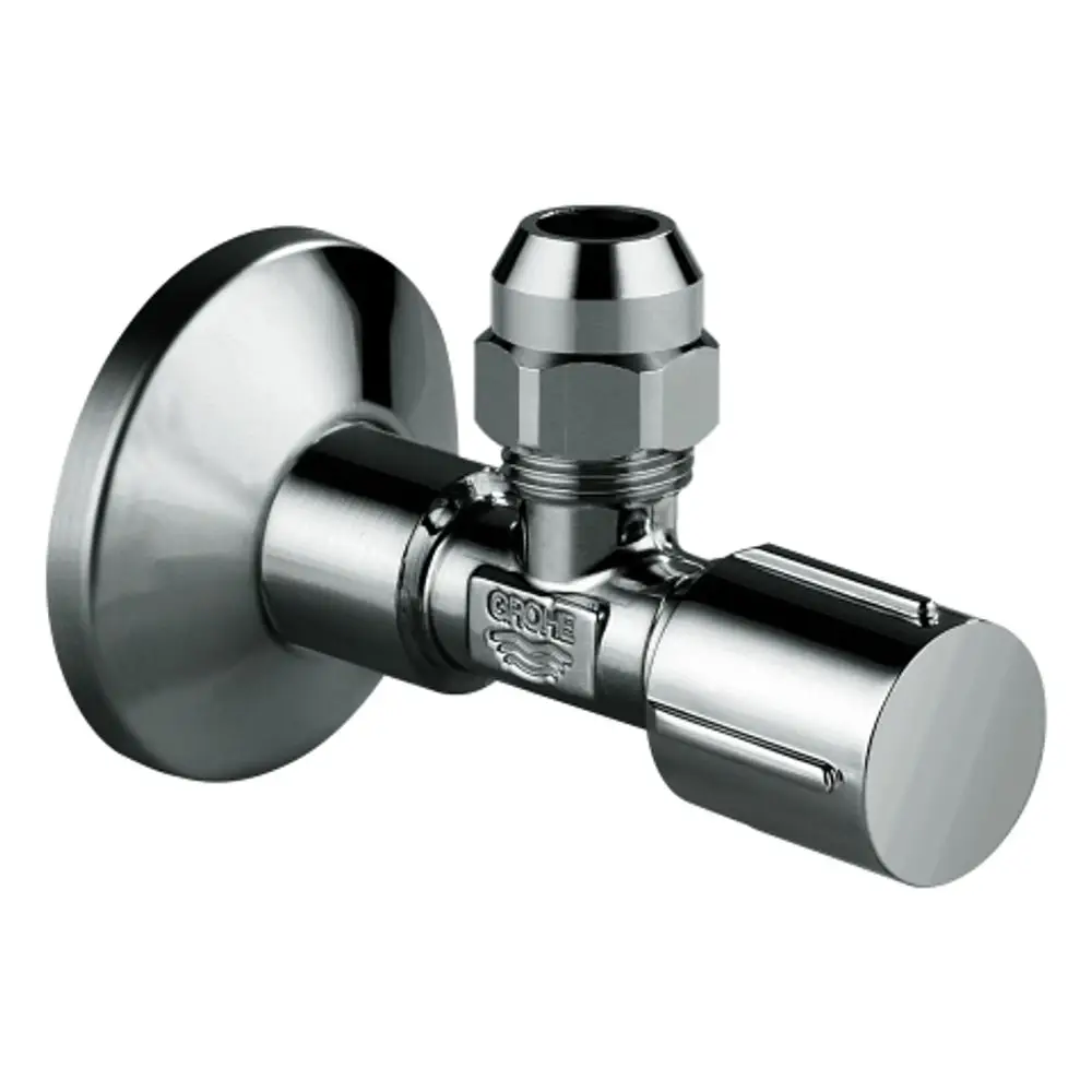 Eckventil mit Metallgriff und Rosette in Graphitfarbe. Das Produkt zeigt eine kompakte Bauform mit Verbindungsanschlüssen. Grohe-Logo ist deutlich sichtbar.