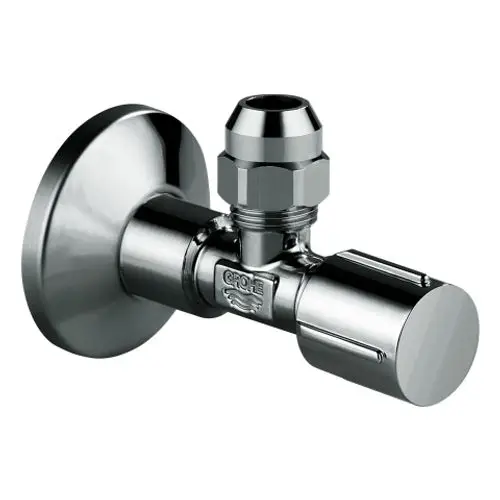 Eckventil mit Metallgriff und Rosette in Graphitfarbe. Das Produkt zeigt eine kompakte Bauform mit Verbindungsanschlüssen. Grohe-Logo ist deutlich sichtbar.