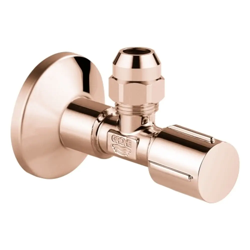 Eckventil aus Metall mit Rosette, ausgestattet mit einem Griff. Das Produkt ist von Grohe und zeigt eine glatte, reflektierende Oberfläche.