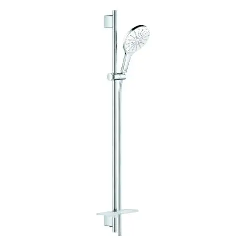 Grohe Duschsystem mit höhenverstellbarem Handbrausehalter, chromfarbener Oberfläche und Ablagefläche. Entwurf für Badezimmerinstallation.