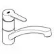 GROHE Einhebelmischbatterie mit flachem Auslauf, schlichte Form, zum Einbau am Spültisch, verchromte Oberfläche, einfacher Hebel zur Steuerung von Wasserfluss und Temperatur.