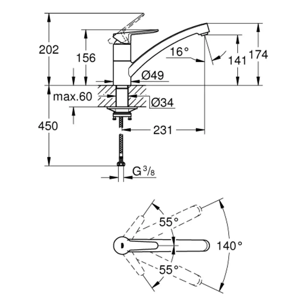 Grohe Armatur mit flachem Auslauf, dargestellt mit Maßen und Bewegungsbereich der Griffposition. Technische Zeichnung mit Details zum Einbau und Bewegungseinschränkungen.