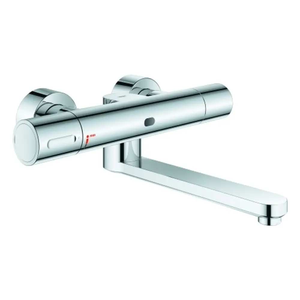 Wandarmatur von Grohe mit zwei Drehgriffen und ausziehbarem Auslauf. Die Oberfläche ist verchromt und weist eine moderne, funktionale Gestaltung auf.