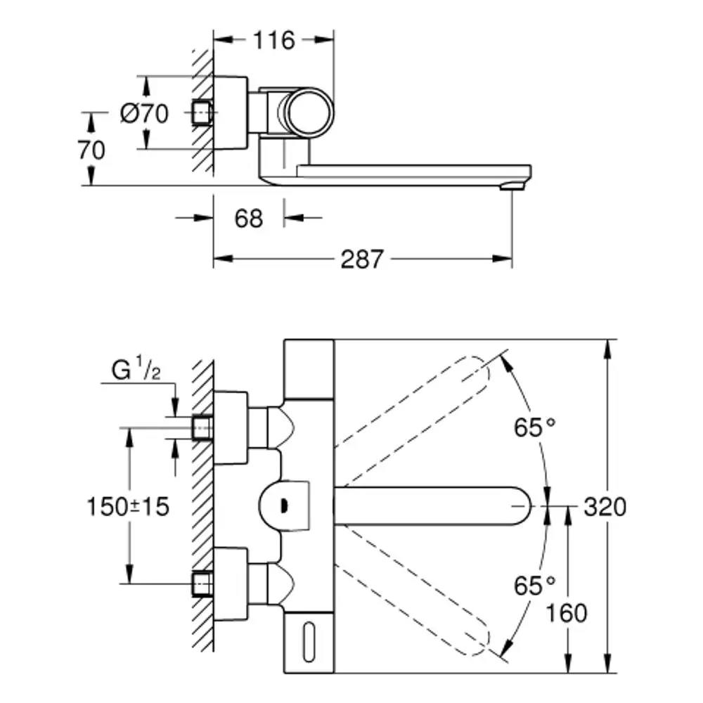 GROHE Wandarmatur mit flexibler Armatur, seitlicher Drehbewegung und Anschlussmöglichkeiten. Maße und spezifische Details sind im technischen Zeichnungsformat dargestellt.