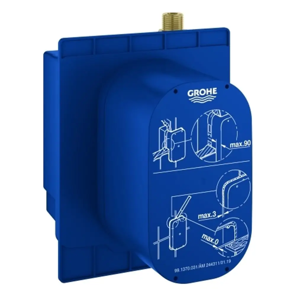 GROHE Einbaukasten in blauer Farbe mit Anschluss für Wasserleitungen. Grafische Anleitungen zur Montage sind auf der Vorderseite abgebildet.